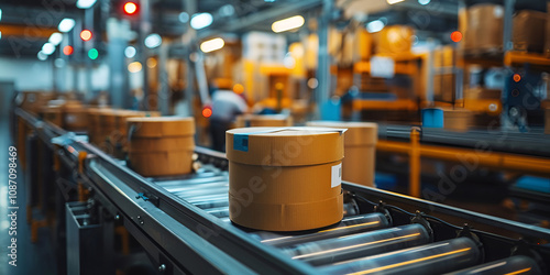 Conveyor Belt with Cylindrical Products in Factory, Automated Packaging Line in Manufacturing Facility