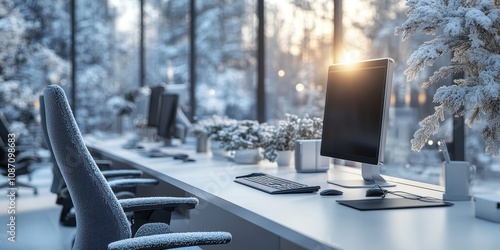 A serene winter morning in a modern office space with large windows showcasing snow-covered trees, creating a calm and focused work environment