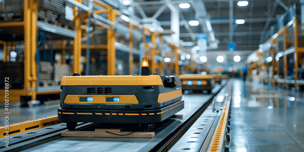 Automated Delivery Robot in Warehouse Operations, Smart Logistics in Modern Industrial Facility Automated Delivery Robot in Warehouse Operations, Smart Logistics in Modern Industrial Facility