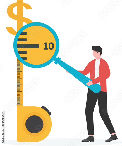 Businessman with a magnifying glass to see the height of the measurement dollar, business investment return and investment risk measurement and analysis, financial monitoring and inspection

