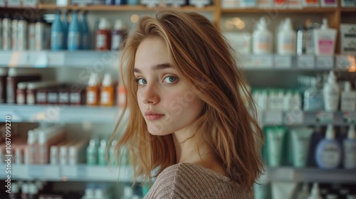 Free Download A young woman with striking green eyes and golden hair stands thoughtfully in a bright pharmacy aisle, surrounded by neatly displayed products, blending modern beauty with everyday life - GFXLoad
