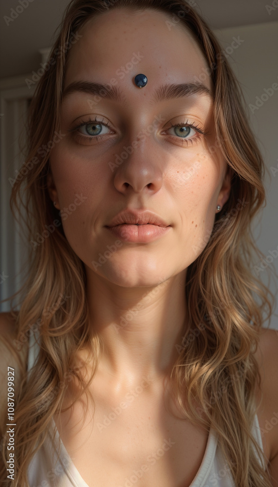 Woman meditating with third eye focus, calm expression. Woman meditating with third eye focus, calm expression.