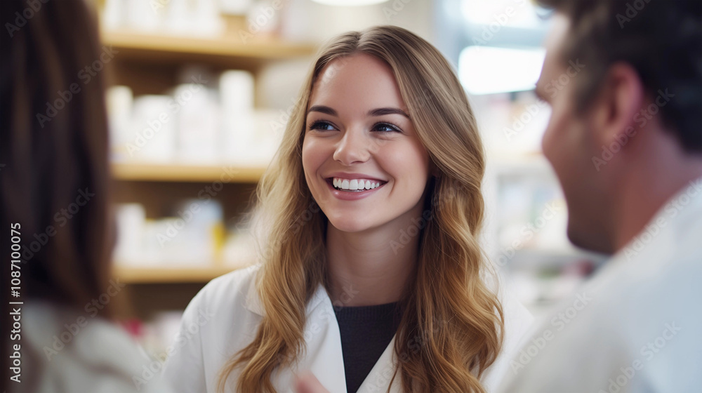 PTA oder MTA Auszubildende in Apotheke berät Kunden PTA oder MTA Auszubildende in Apotheke berät Kunden