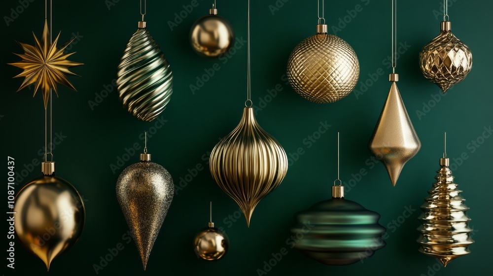 3d rendered green background golden vibrant christmas tree ornaments 3d rendered green background golden vibrant christmas tree ornaments