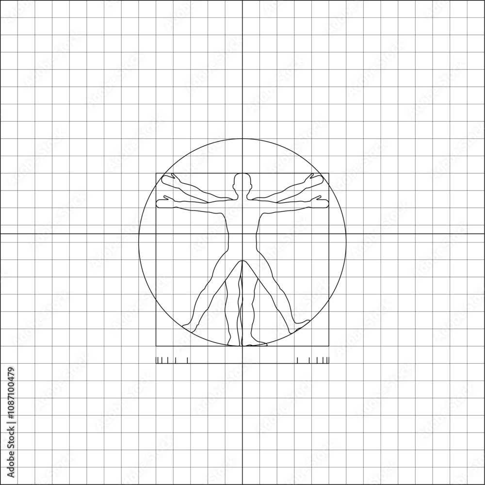 Image of Leonardo da Vinci depiction of man inside circle on notebook sheet of checkered paper. School paper sheet lined in a cage with mathematical drawing of Golden Ratio of Human Body. Vector Image of Leonardo da Vinci depiction of man inside circle on notebook sheet of checkered paper. School paper sheet lined in a cage with mathematical drawing of Golden Ratio of Human Body. Vector
