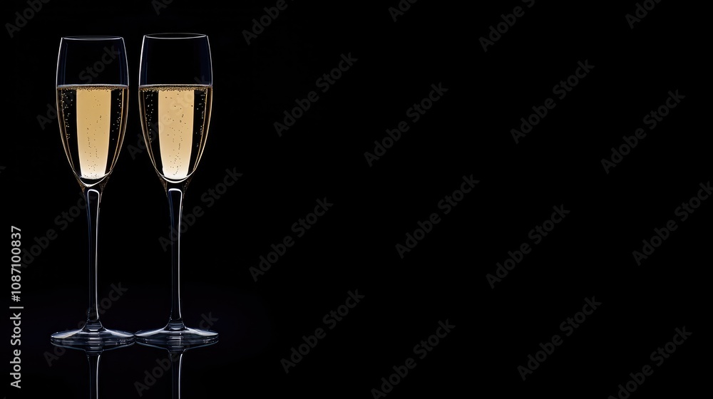 Champagne glasses on a dark background, exuding elegance and sophistication, ideal for birthday and holiday celebrations, perfect for luxury event invitations. Champagne glasses on a dark background, exuding elegance and sophistication, ideal for birthday and holiday celebrations, perfect for luxury event invitations.