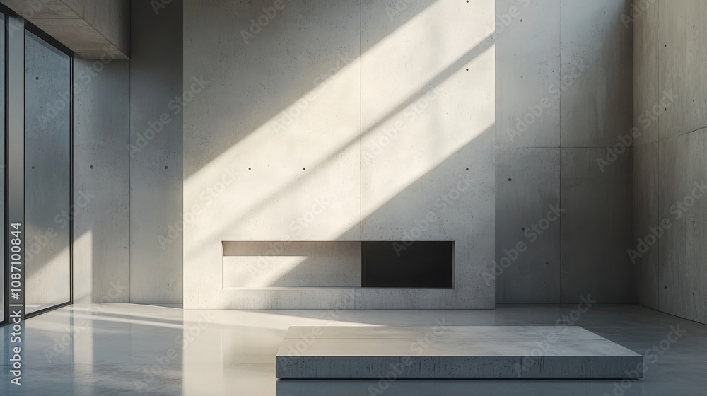 Fototapeta premium Modern minimalist living room with concrete walls, sleek fireplace, and ample natural light creating a serene and open atmosphere.