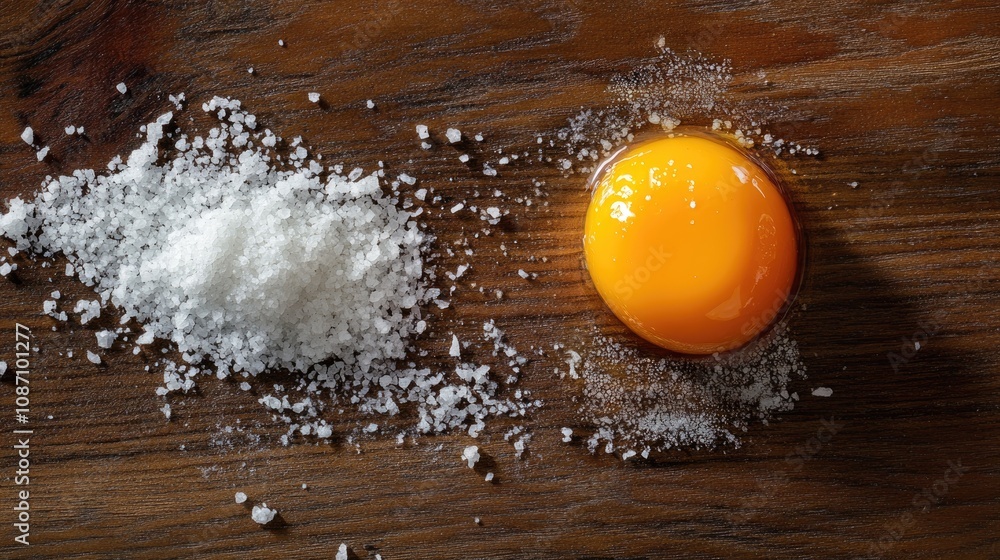 Fresh golden egg yolk on a rustic wooden surface, beautifully contrasted with a sprinkle of coarse salt to enhance flavor and visual appeal. Fresh golden egg yolk on a rustic wooden surface, beautifully contrasted with a sprinkle of coarse salt to enhance flavor and visual appeal.