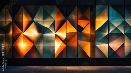 Illuminated geometric patterns featuring sharp angles and vibrant colors on a dark modern backdrop, creating a striking visual contrast.