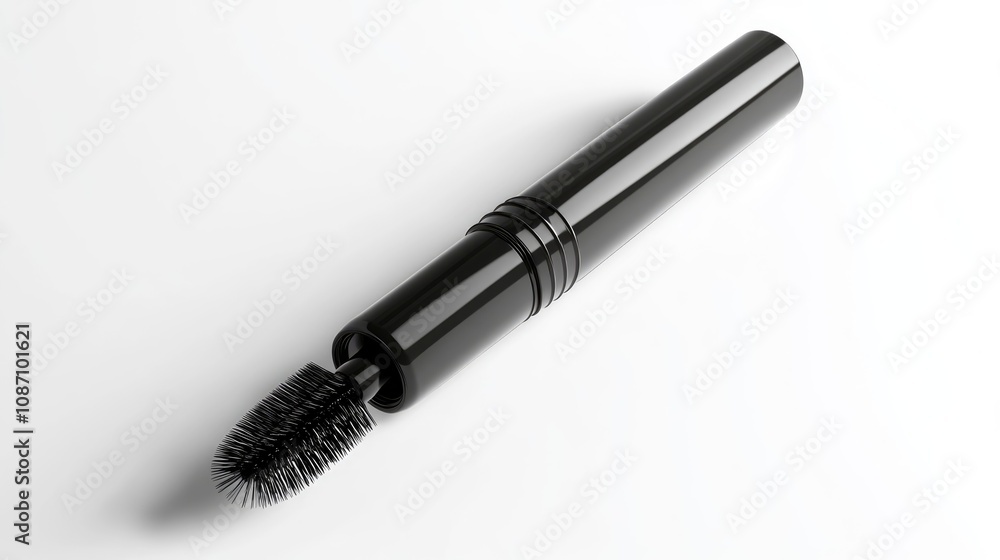 Opened mascara tube with brush on white background, showcasing a sleek black eyelash applicator as a key beauty accessory in a 3D illustration. Opened mascara tube with brush on white background, showcasing a sleek black eyelash applicator as a key beauty accessory in a 3D illustration.