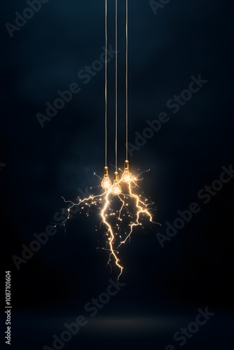 Obraz na płótnie Lightning comes out of the three lightbulbs on a dark blue background. Power, industry, mysterious, aesthetic, beautiful vibe. w salonie