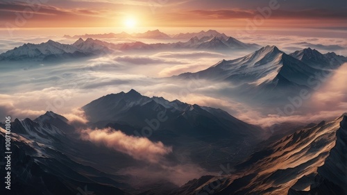 High mountains covered with mist at sunset view from space