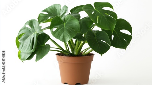 Potted mother plant with large split leaves displayed in a terracotta pot against a clean white background, showcasing its lush greenery and vibrant health.