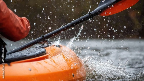 kayaker maneuvering an orange kayak with splashing water creating dynamic excitement in a thrilling river adventure