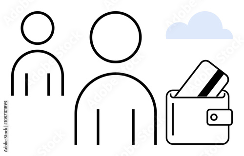 Human figures, wallet with credit card, and cloud icon. Ideal for finance, banking, digital payments, personal finance, online transactions business networks and cloud storage. Line metaphor