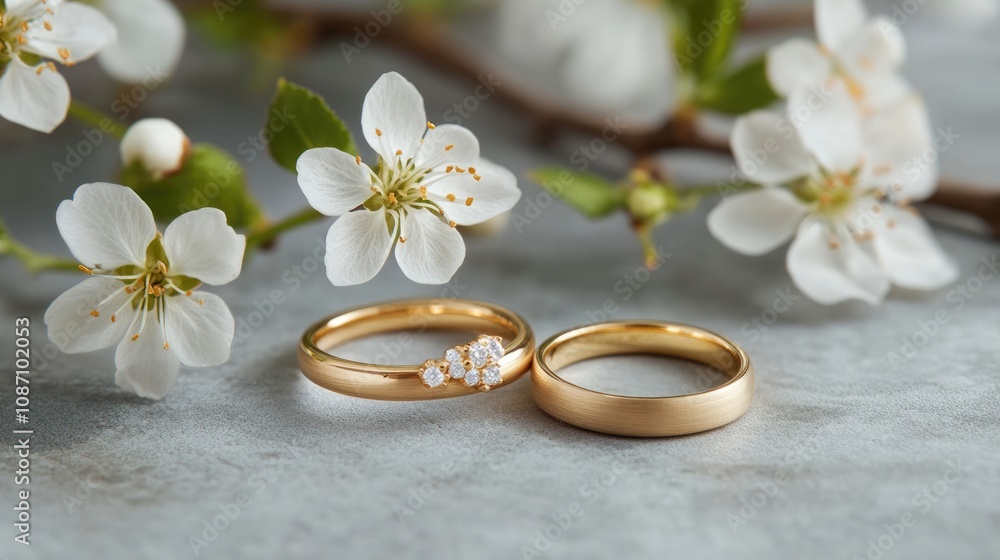 Elegant gold wedding rings resting beside delicate white blossoms, highlighting romance and commitment in a close-up setting perfect for marriage or engagement celebrations. Elegant gold wedding rings resting beside delicate white blossoms, highlighting romance and commitment in a close-up setting perfect for marriage or engagement celebrations.