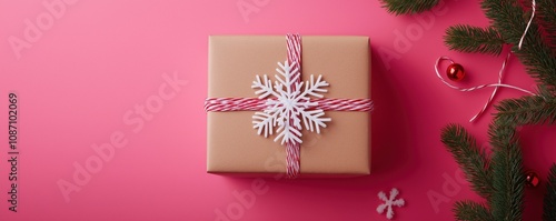 Christmas present with a snowflake decoration and red twine on a pink background banner in a flat lay qith copy space. There are some green pine branches beside the present. Christmas gift concept. photo