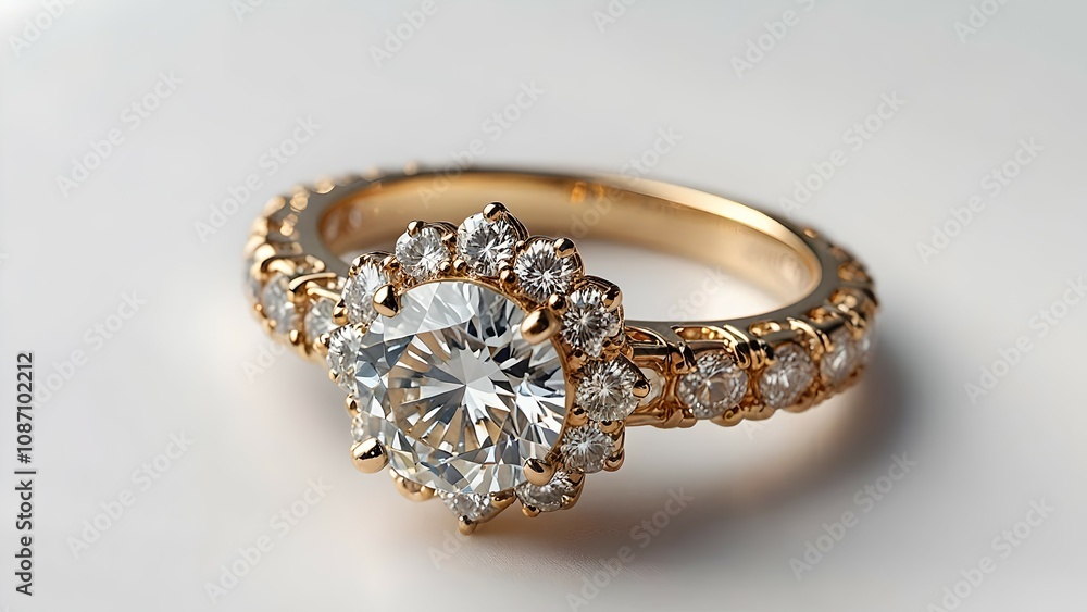 Wedding ring  sparkly lady's ring  stunning close-up of a diamond engagement ring with a brilliant round-cut center stone, flanked by smaller diamonds on the band, set against a sleek