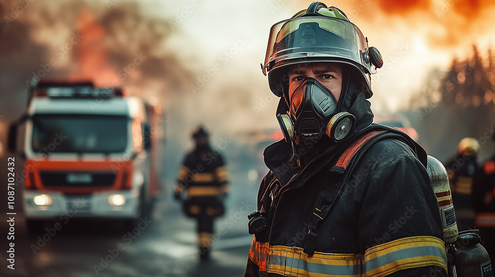Naklejka premium Close-up of a firefighter wearing full protective gear and SCBA mask, standing near fire trucks with smoke in the background, emphasizing bravery and emergency response.