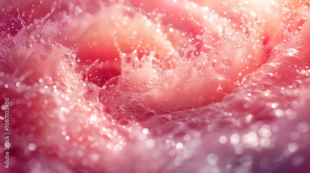 Abstract pink liquid splash with bokeh effects and water droplets. Dynamic fluid motion captured in coral and rose tones with sparkling highlights and dreamy atmosphere. 8k digital background Abstract pink liquid splash with bokeh effects and water droplets. Dynamic fluid motion captured in coral and rose tones with sparkling highlights and dreamy atmosphere. 8k digital background