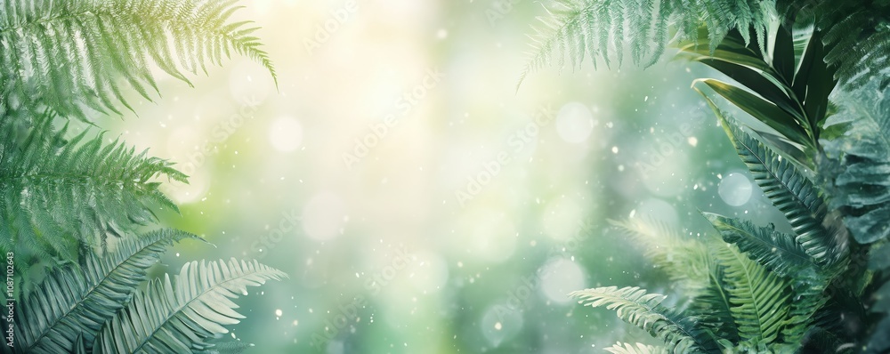 Lush fern fronds border frame with dreamy bokeh background in tropical rainforest setting. Ethereal morning mist and sunlight create magical nature atmosphere with soft green color palette. 8k banner Lush fern fronds border frame with dreamy bokeh background in tropical rainforest setting. Ethereal morning mist and sunlight create magical nature atmosphere with soft green color palette. 8k banner