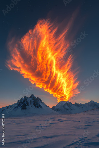 An orange-yellow sunset cloud forms over distant mountains and clouds , glinting orange-yellow light against white