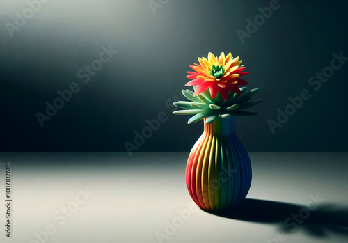 Colorful succulent plant in a colorful vase on a black and white background  photo