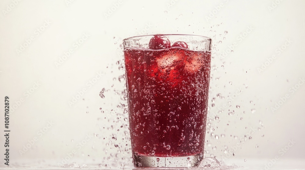 Crisp and vibrant cranberry juice splashing in a glass, surrounded by droplets, set against a clean white background. Crisp and vibrant cranberry juice splashing in a glass, surrounded by droplets, set against a clean white background.