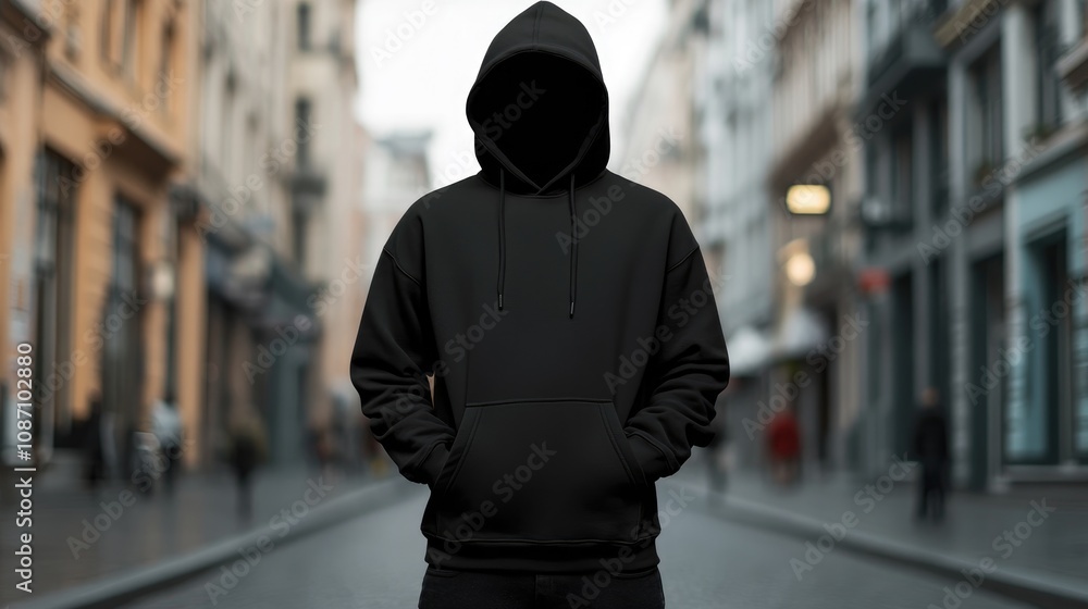 Black hoodie with hood and kangaroo pocket worn by a figure standing on an urban street, ideal for branding or printing mockup templates. Black hoodie with hood and kangaroo pocket worn by a figure standing on an urban street, ideal for branding or printing mockup templates.