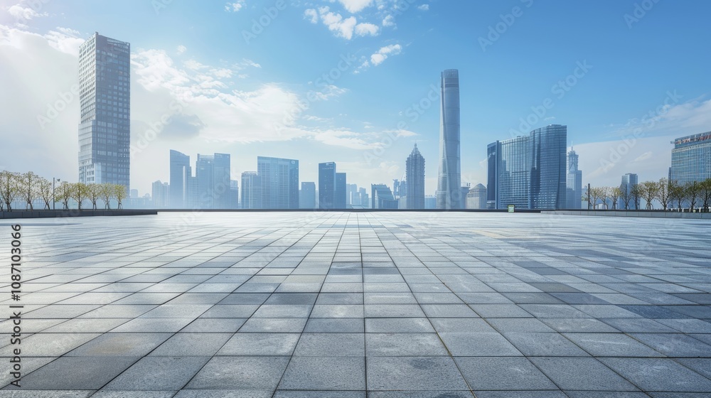 Empty square floor with city skyline background, Art Deco cityscape elegance, sleek architectural lines Empty square floor with city skyline background, Art Deco cityscape elegance, sleek architectural lines