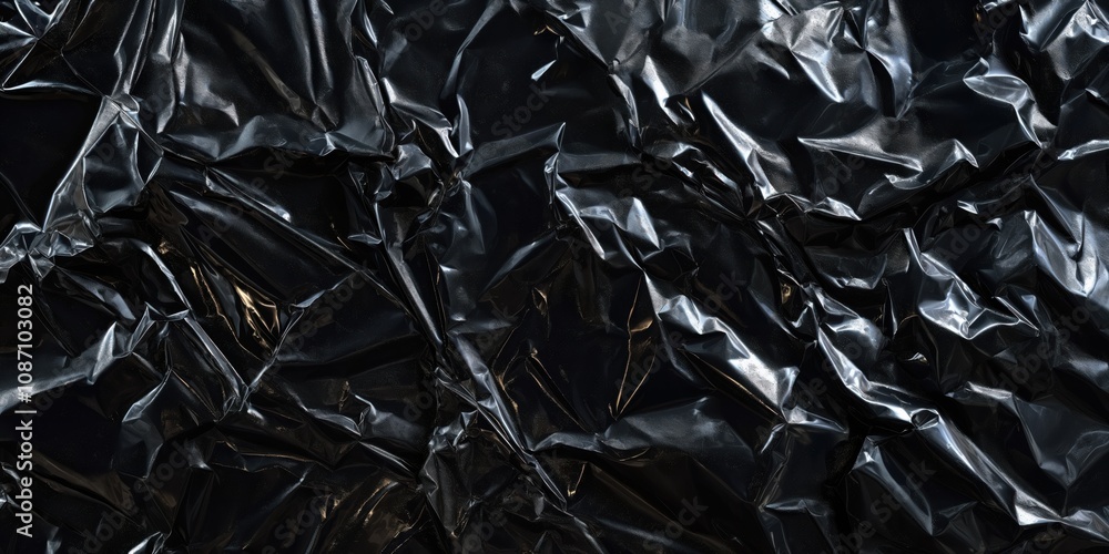 Black crumpled plastic wrap texture with glossy reflective surface. Dark wrinkled transparent poly vinyl film material background showing dramatic folds and creases with shiny sheen effect. 8k Black crumpled plastic wrap texture with glossy reflective surface. Dark wrinkled transparent poly vinyl film material background showing dramatic folds and creases with shiny sheen effect. 8k