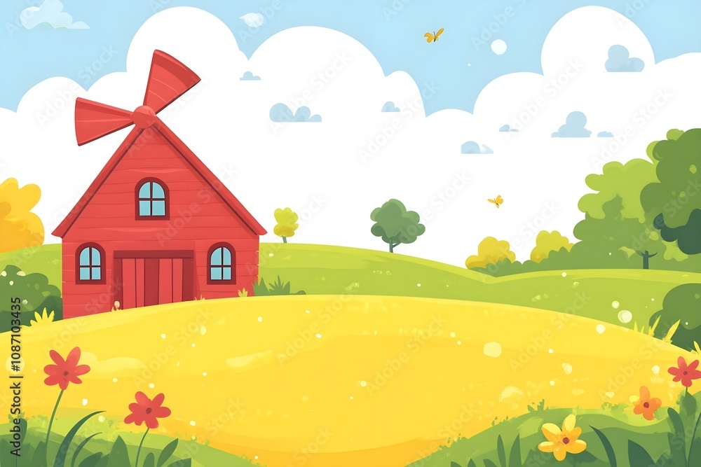 Fototapeta premium Beautiful landscape vector illustration of mountains, forests, fields and meadows. Stunning panoramic farm landscape with mountains in the background. Natural landscape