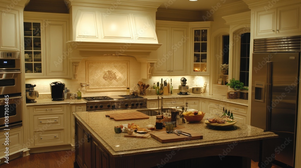Elegant and Modern Kitchen Interior with Granite Countertops, Stainless Steel Appliances, and Warm Lighting Design Featuring Cooking Utensils and Fresh Ingredients Elegant and Modern Kitchen Interior with Granite Countertops, Stainless Steel Appliances, and Warm Lighting Design Featuring Cooking Utensils and Fresh Ingredients