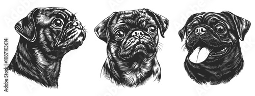 Pug dog portrait set. Front and side view. Cute dog breed with its tongue out. Home pet. Canine animal puppy. Doggy friend. Black and white simple flat style. Isolated vector on white background