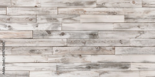 Whitewashed horizontal wood planks with rustic grain patterns. Light gray weathered shiplap wall texture. Farmhouse style wooden background for modern interior design. 8k flat lay banner backdrop
