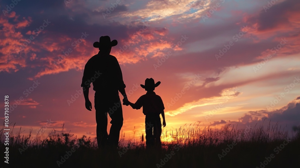 Silhouetted father and son cowboys holding hands at sunset against a colorful sky with vibrant clouds and a serene landscape. Silhouetted father and son cowboys holding hands at sunset against a colorful sky with vibrant clouds and a serene landscape.