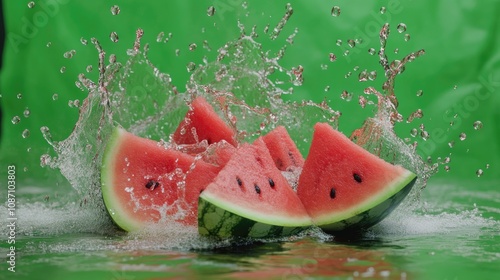 Vibrant watermelon slices creating dramatic splashes in water against a lively green background, showcasing freshness and energy. photo