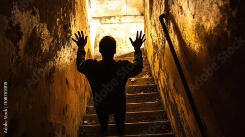 Dimly lit stairwell featuring a man with raised hands, appearing distressed and seeking help amidst peeling walls and somber lighting.