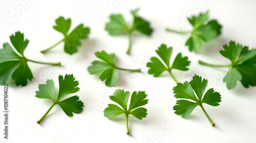 Captivating Top Shot Photography of Lush Cilantro Leaves on a Bright White Solid Background