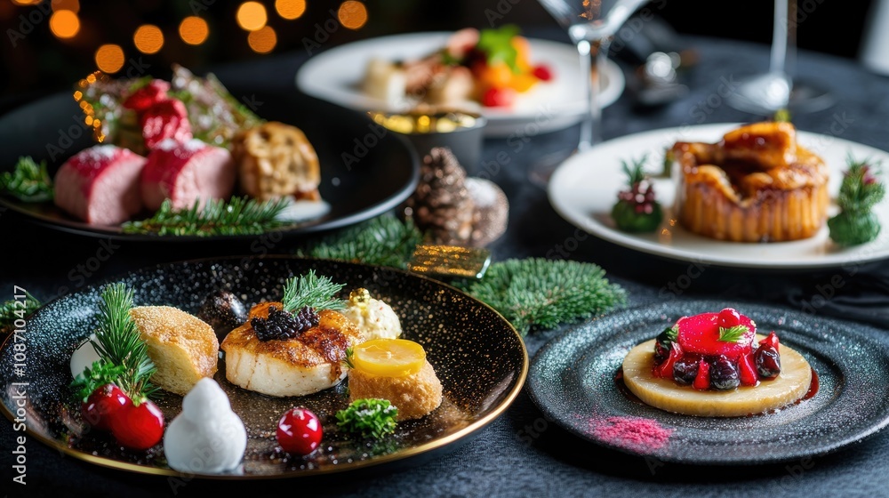 Elegant festive table setting adorned with gourmet dishes for Christmas and New Year, featuring delightful pastries and seasonal decorations. Elegant festive table setting adorned with gourmet dishes for Christmas and New Year, featuring delightful pastries and seasonal decorations.