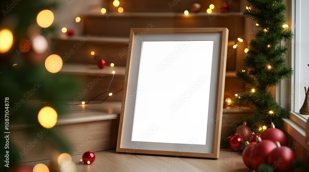 Festively Decorated Staircase with Wooden Frame Mockup Creating a Cozy Holiday Atmosphere Festively Decorated Staircase with Wooden Frame Mockup Creating a Cozy Holiday Atmosphere