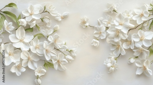 Delicate white spring flowers gracefully arranged in an elegant background frame, perfect for invitations or greeting cards with ample copy space.