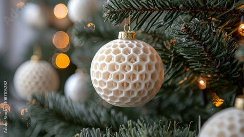 Decorative white ornament hanging on a christmas tree with lights photo