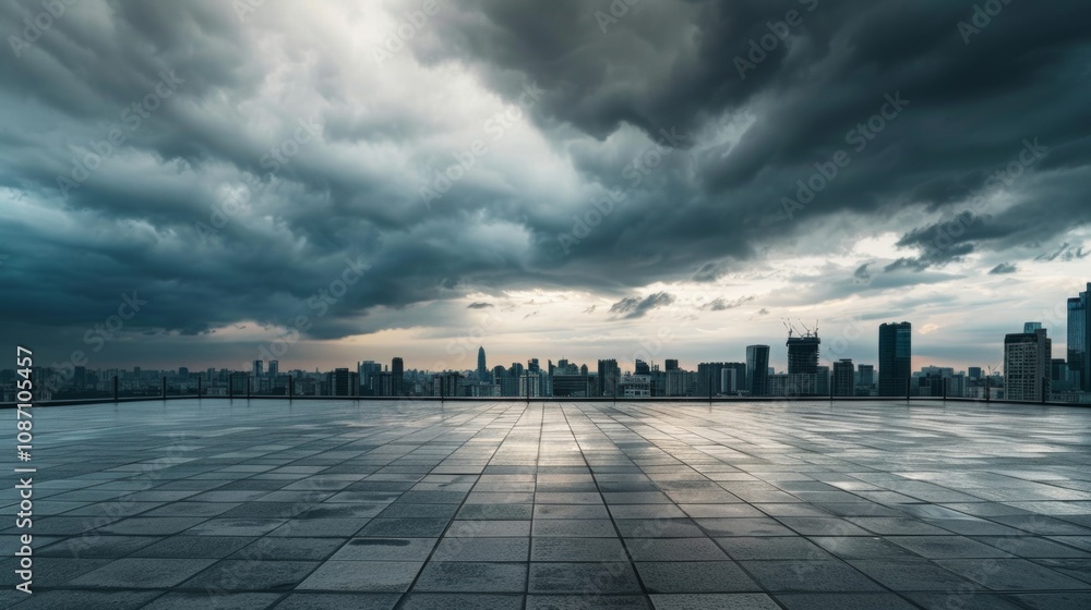 Empty square floor with city skyline background, Retro-futuristic cityscape, vintage-inspired design Empty square floor with city skyline background, Retro-futuristic cityscape, vintage-inspired design