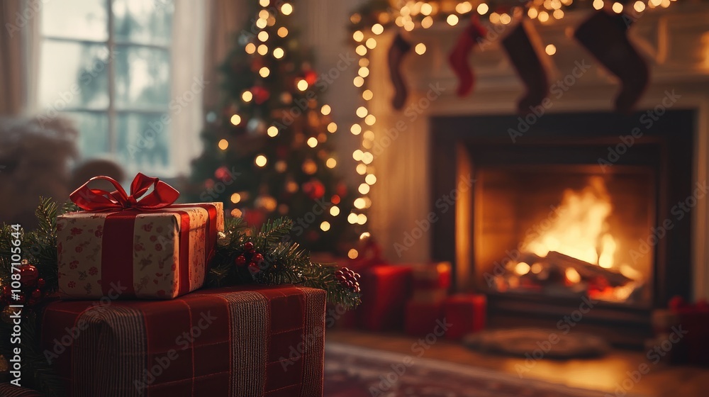 Cozy winter scene with a crackling fireplace, beautifully wrapped gifts, and a decorated Christmas tree radiating a warm holiday ambiance. Cozy winter scene with a crackling fireplace, beautifully wrapped gifts, and a decorated Christmas tree radiating a warm holiday ambiance.