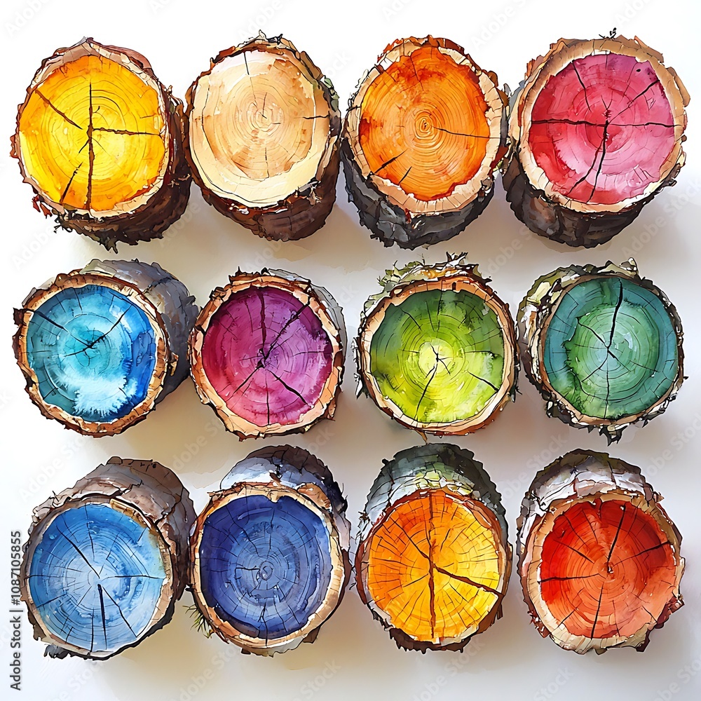 Vibrant Watercolor Cross-Sections of Tree Trunks A Colorful Arrangement of Wooden Discs. Vibrant Watercolor Cross-Sections of Tree Trunks A Colorful Arrangement of Wooden Discs.