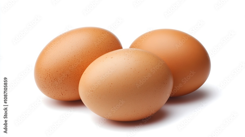Three fresh brown chicken eggs arranged on white background, farm fresh organic food ingredient, copy space Three fresh brown chicken eggs arranged on white background, farm fresh organic food ingredient, copy space