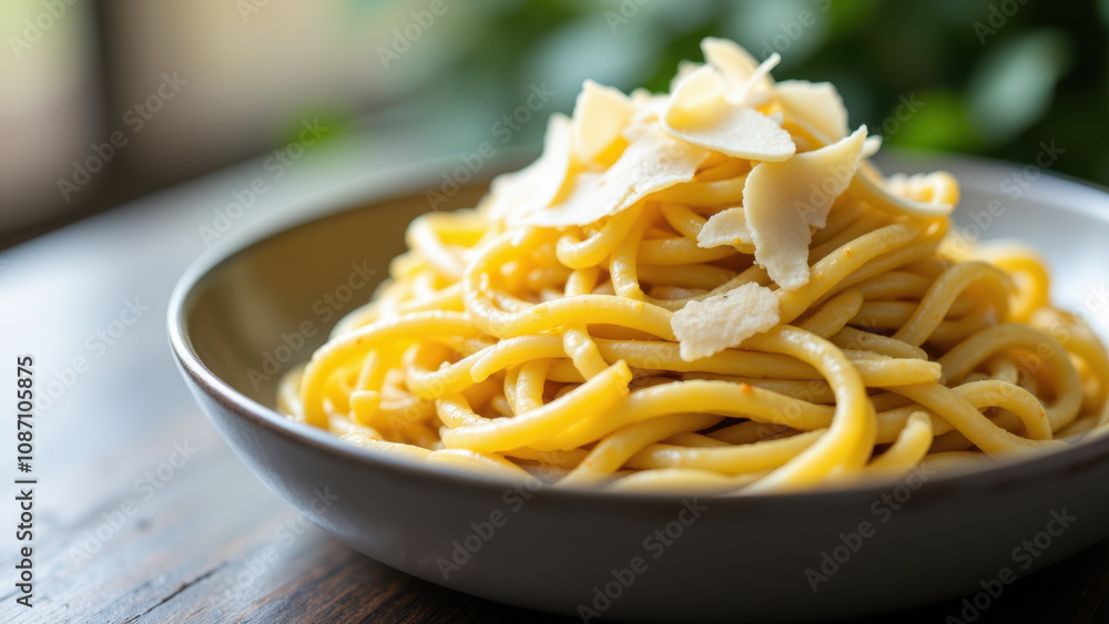 A close-up of a plate of golden-brown Mafaldine pasta with melted cheese on top, placed on a table. A close-up of a plate of golden-brown Mafaldine pasta with melted cheese on top, placed on a table.