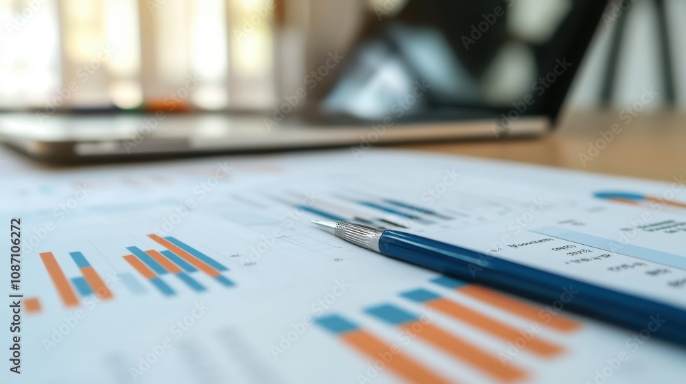 Close-Up View of a Marketing Report Displaying Graphs and Data Charts on a Workspace with Laptop in the Background Close-Up View of a Marketing Report Displaying Graphs and Data Charts on a Workspace with Laptop in the Background
