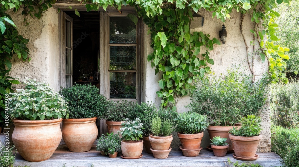 Lush Terracotta Pots Overflowing with Green Plants by a Rustic Window Framed with Vines and Foliage Lush Terracotta Pots Overflowing with Green Plants by a Rustic Window Framed with Vines and Foliage